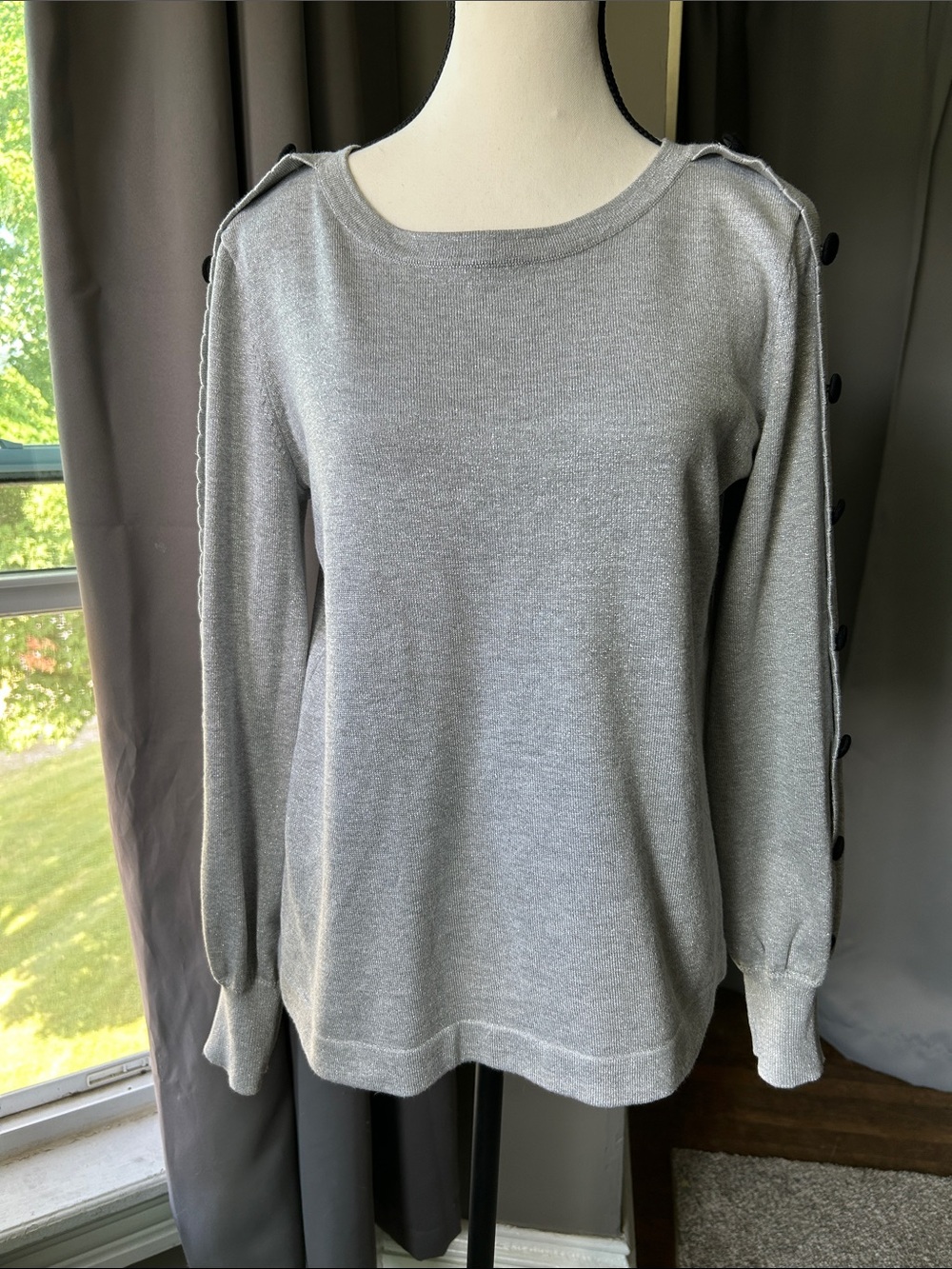 Karl Lagerfeld Light Gray Knit Top with Black Button Trim